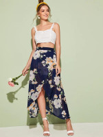 Wrap Belted Asymmetrical Floral Print Semi Sheer Skirt