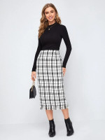 Women Split Back Fringe Hem Plaid Tweed Skirt