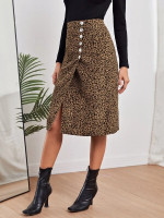Women Button Front Leopard Skirt