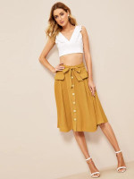 Button Front Belted Flare Skirt