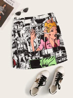 Comic Print Zip Side Pencil Skirt