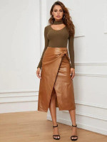 Knot Side Wrap PU Leather Skirt