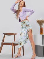 Women Drawstring Ruched Side Split Thigh Tie Dye Skirt