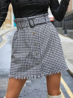 Women Paperbag Waist Button Front Raw Hem Houndstooth Belted Tweed Skirt