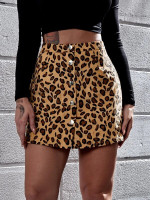 Women Button Front Leopard Cord Skirt
