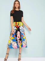 Cartoon & Figure Print Pleated Skirt