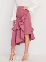Women Ruffle Trim Asymmetrical Hem Skirt