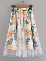 Mesh Overlay Floral Print Skirt