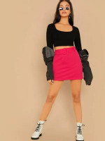 Neon Pink Buckle Belted Solid Skirt