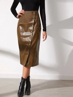 Women Buttoned Front PU Leather Skirt