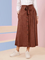 Women Button Front Pocket Patched Belted Skirt