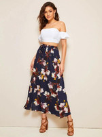 Flower Print M-Slit Belted Skirt