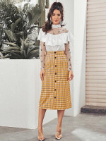 Button Front Grid Midi Skirt