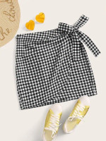 Gingham Print Wrap Knotted Skirt