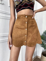 Women Button Through Scallop Trim Suede Skirt