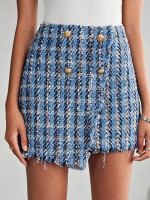 Women Double Breasted Frayed Edge Asymmetrical Tweed Skirt