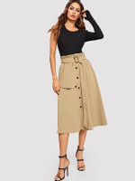 Button Front Belted Paperbag Utility Skirt