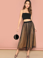 Elastic Waist Striped Mesh Overlay Skirt