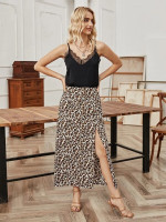 Women Leopard High Waist Slit Skirt
