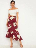 Floral Print Ruffle Trim Skirt