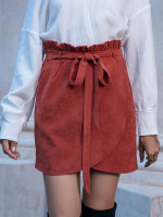 Women Corduroy Belted Paperbag Waist Wrap Skirt