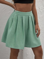 Women High Waist Boxy Pleated Tweed Skirt