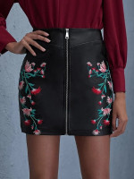 Women Zip Fly Floral Embroidery PU Leather Skirt