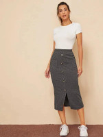 Single Breasted Split Hem Pocket Patched Rib-Knit Skirt
