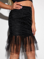 Women Ruched Detail Layered Ruffle Hem Mesh Skirt