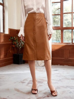 Women Button Up PU Leather Skirt