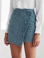 Women Button Front Tweed Wrap Skirt