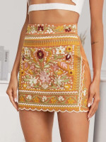 Women High Waist Embroidered Flower Skirt