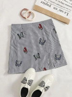 Women Embroidery Butterfly Split Hem Striped Skirt
