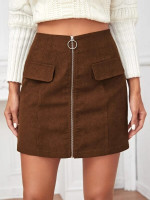 Women Fake Pocket O-ring Zip-up Corduroy Skirt