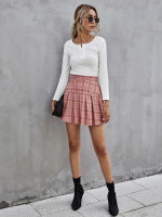 Women Button Side Tartan Pleated Skirt