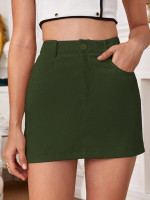 Women High Waist Slant Pocket Corduroy Skirt