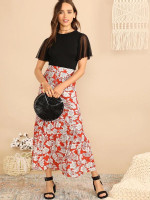 Wide Waist Single Breasted Flippy Hem Floral Skirt