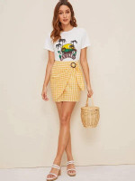 Buckle Belted Wrap Gingham Skirt
