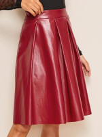 Solid Pleated Detail PU Leather Skirt