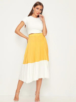 Elastic Waist Colorblock Pleated Skirt
