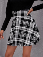 Women Asymmetrical Waistband Zip Back Plaid Skirt