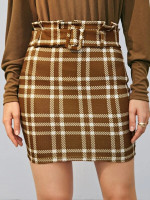 Women Paperbag Waist Belted Plaid Mini Skirt