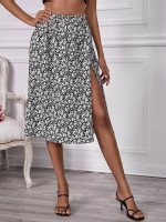 Women Elastic Waist Split Thigh Ditsy Floral Skirt