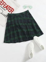 Women Zip Side Plaid Pleated Skirt