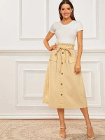 Button Front Paperbag Waist Belted Skirt