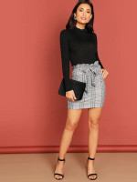 Ruffle Detail Belted Plaid Skirt
