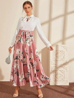 Wide Band Waist Tie Front Floral Print Skirt