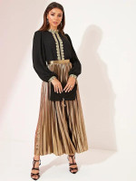Wide Waistband Pleated Metallic Skirt