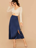 Elastic Waist Split Front Satin Skirt