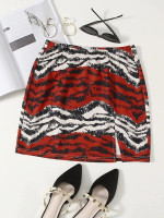 Women Colorblock Zebra Striped Split Hem Skirt
